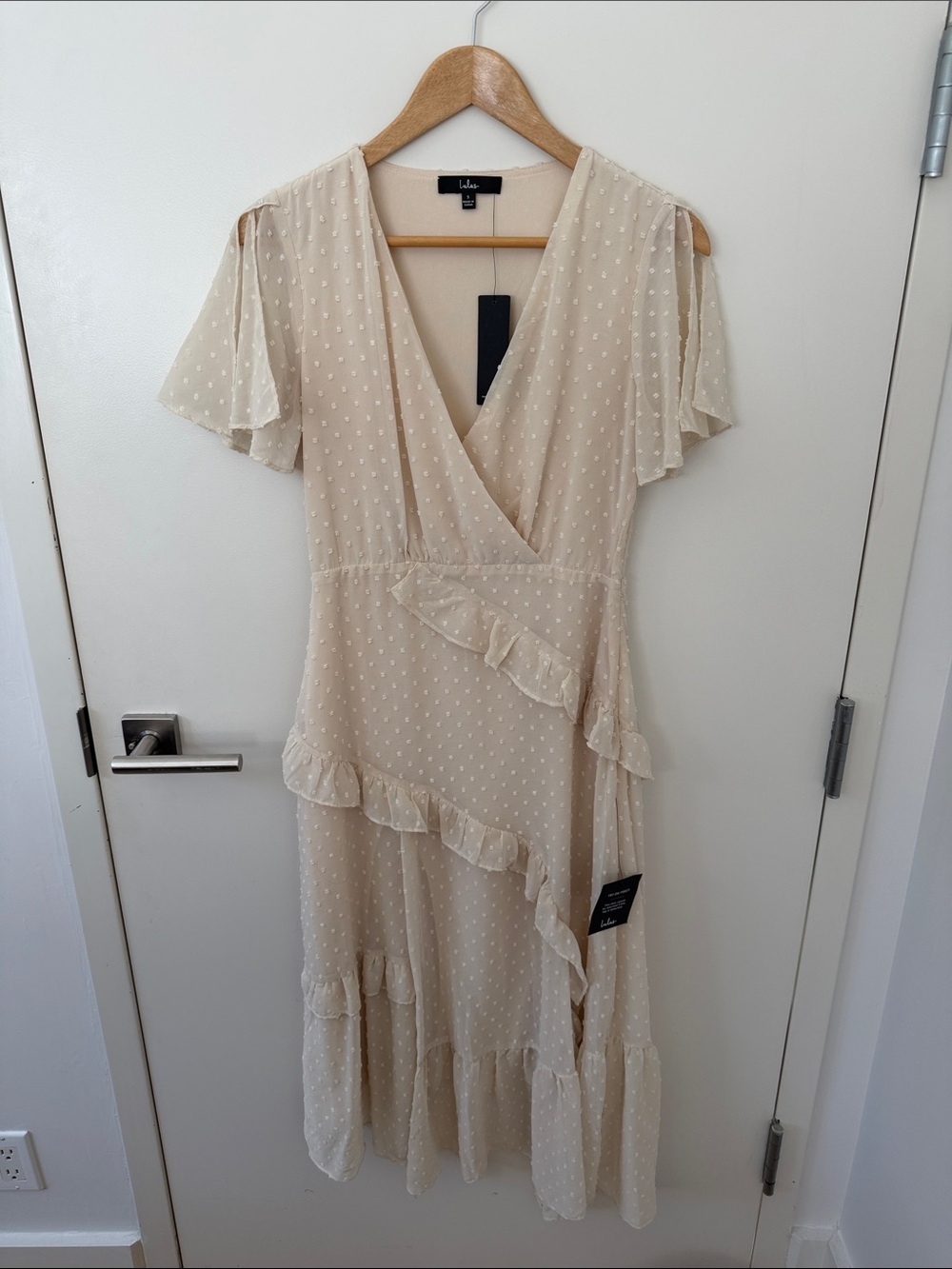 NWT Lulus Light Cream Swiss Dot Wrap Midi Dress
